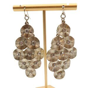 Gold Tone Flower Disc Rhinestone Chandelier Statement Earrings Drop Dangle